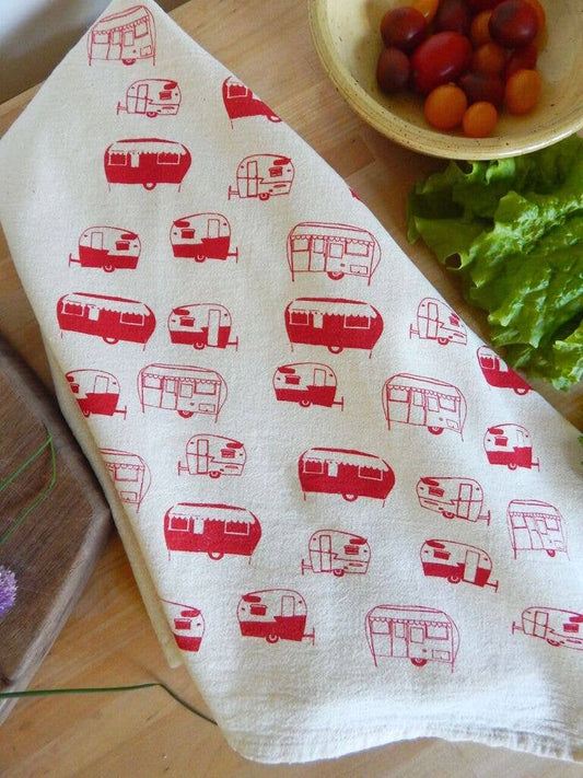 Vintage Campers Kitchen Towel, Handprinted Tea Towel