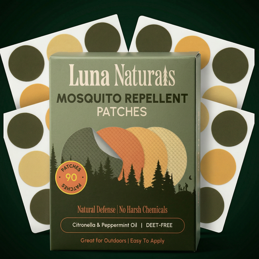Luna Naturals mosquito repellent patches packaging with a dark green background