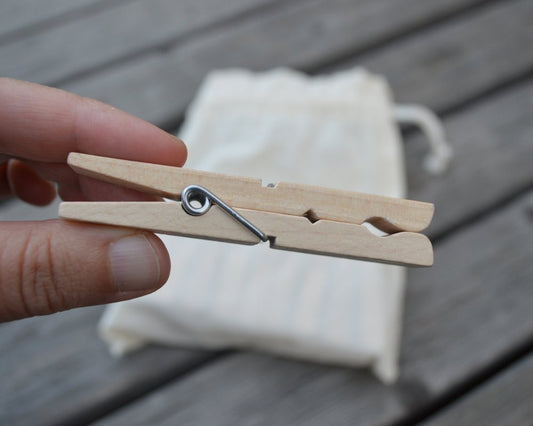 Wooden Clothes Pegs in Cotton Bag
